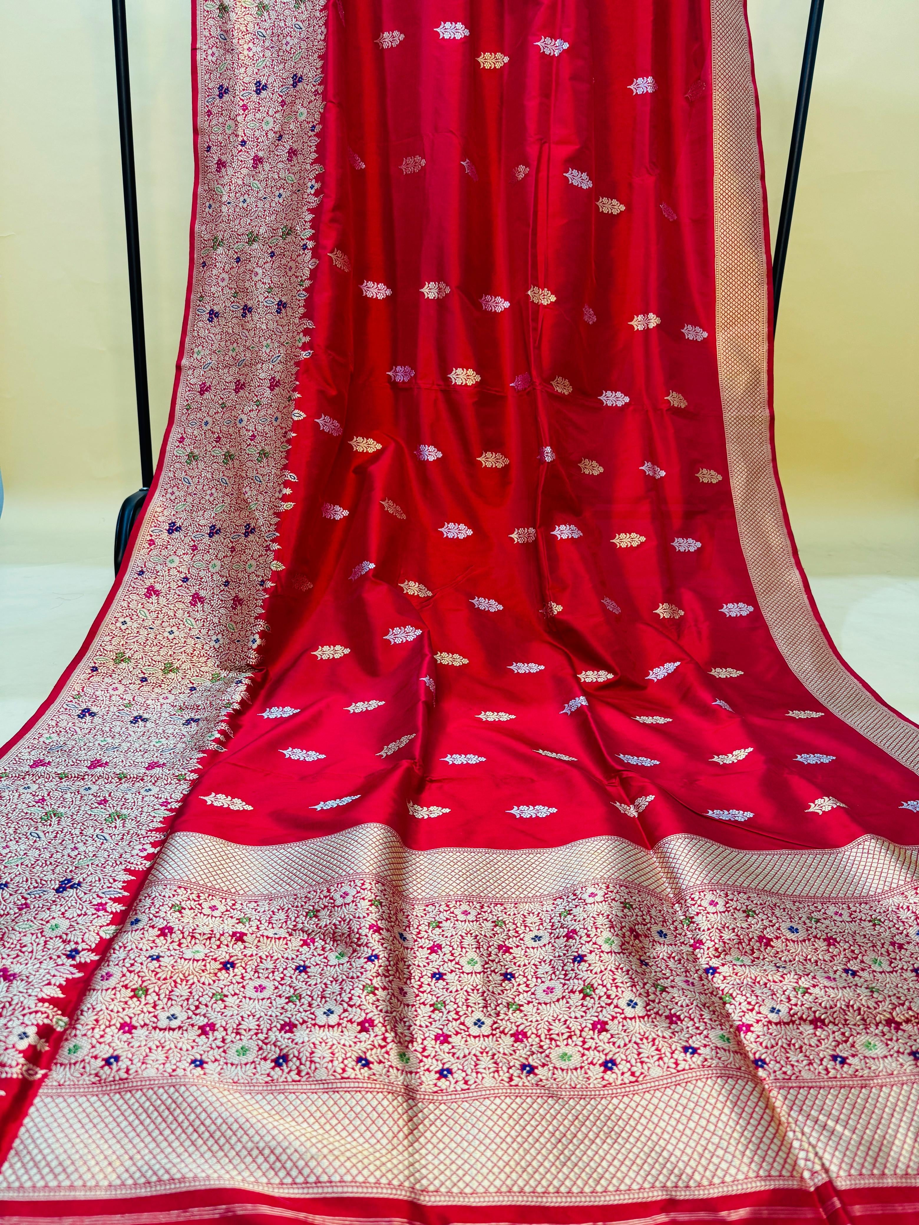 Bridal Red Katan Silk Kaduwa Buta Skirt Border Saree