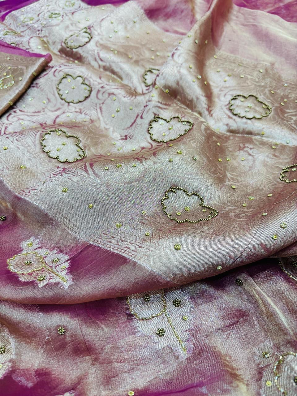 Pure Banarasi Tissue Cutdana Hand Embroidery Saree