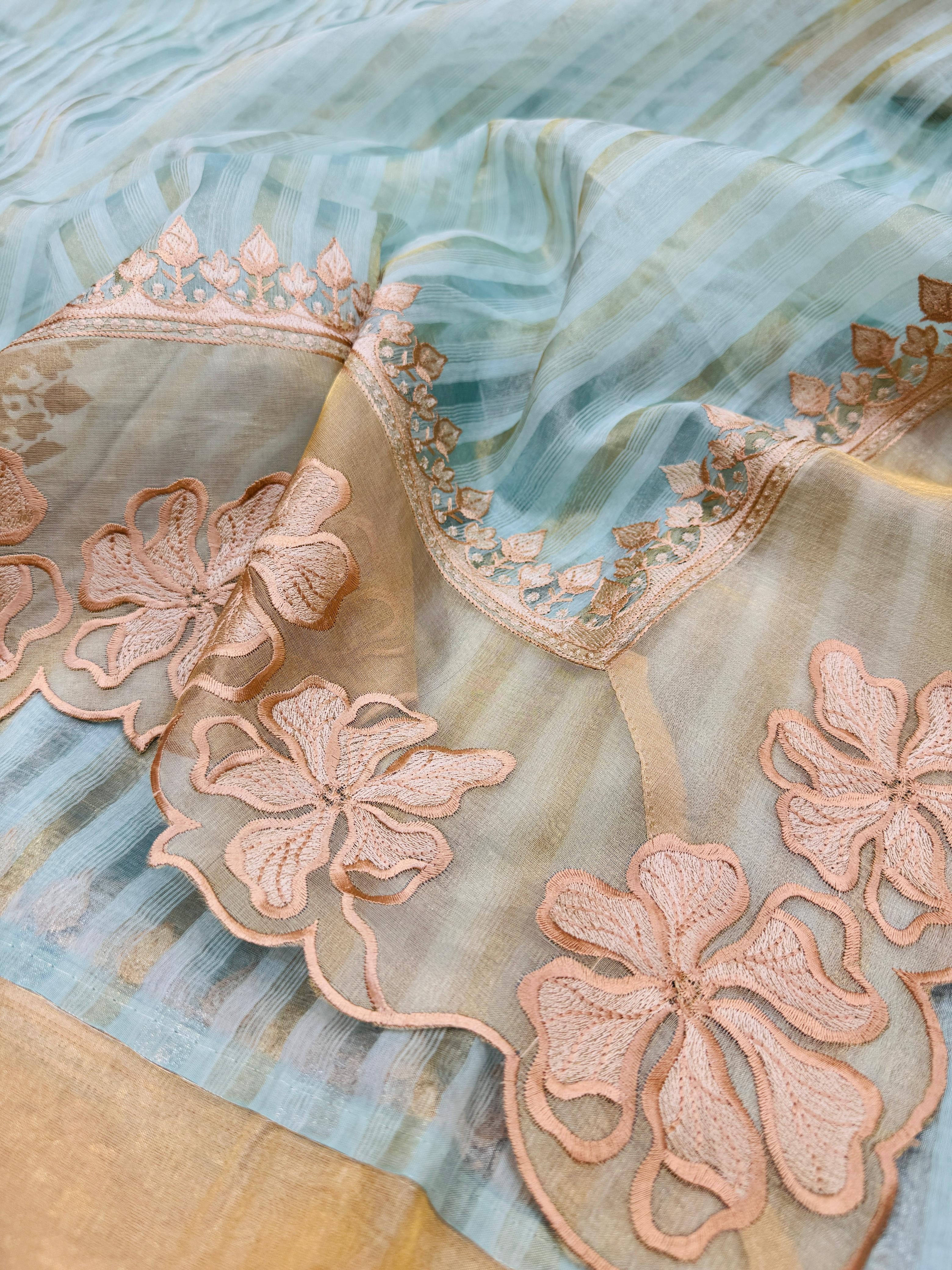 Kora Tissue Silk Stripes with Border Patchwork Saree