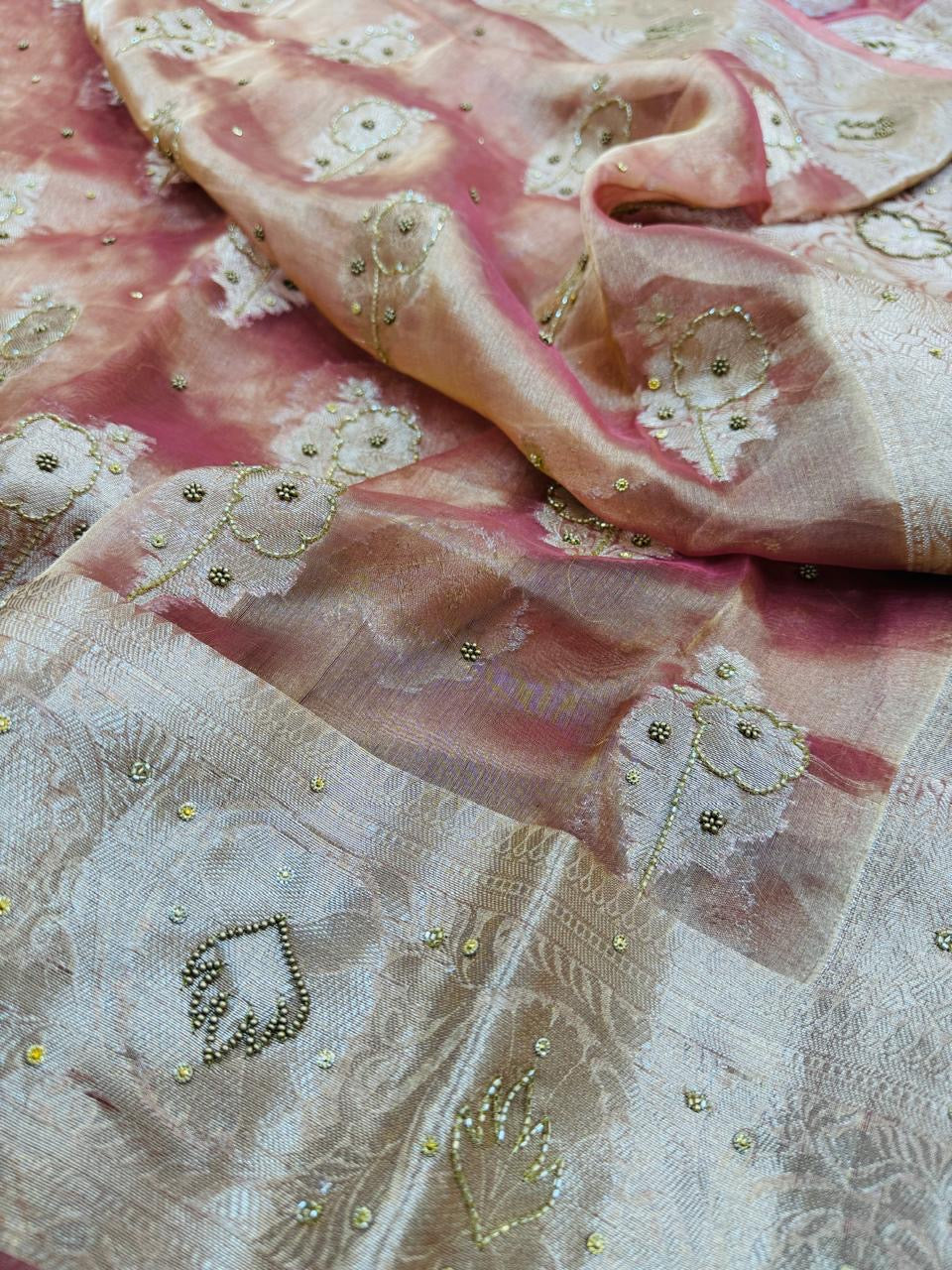 Pure Banarasi Tissue Cutdana Hand Embroidery Saree