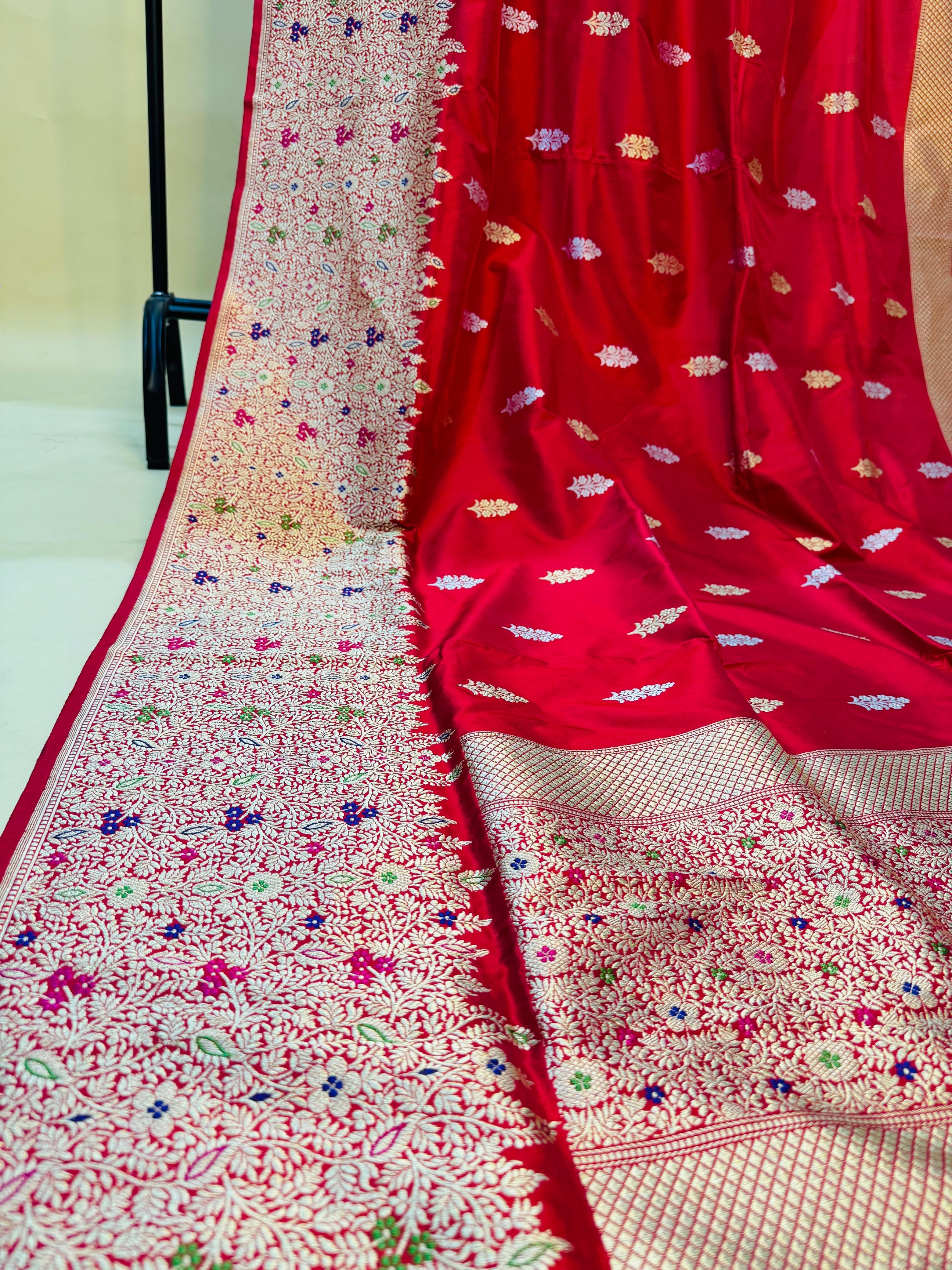 Bridal Red Katan Silk Kaduwa Buta Skirt Border Saree