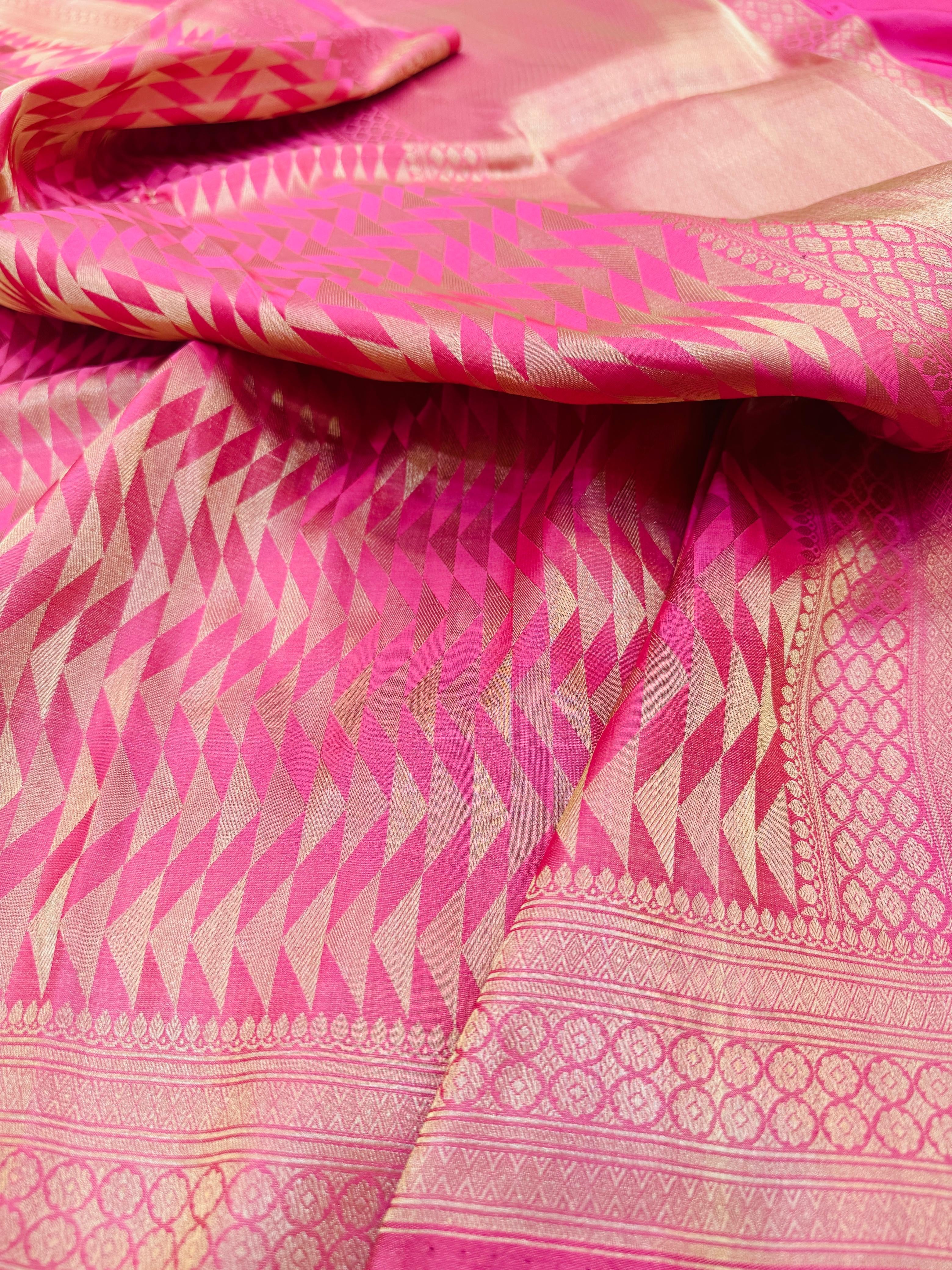 Pure Banarasi Satin Silk Silver Zari Geometric Pattern Saree