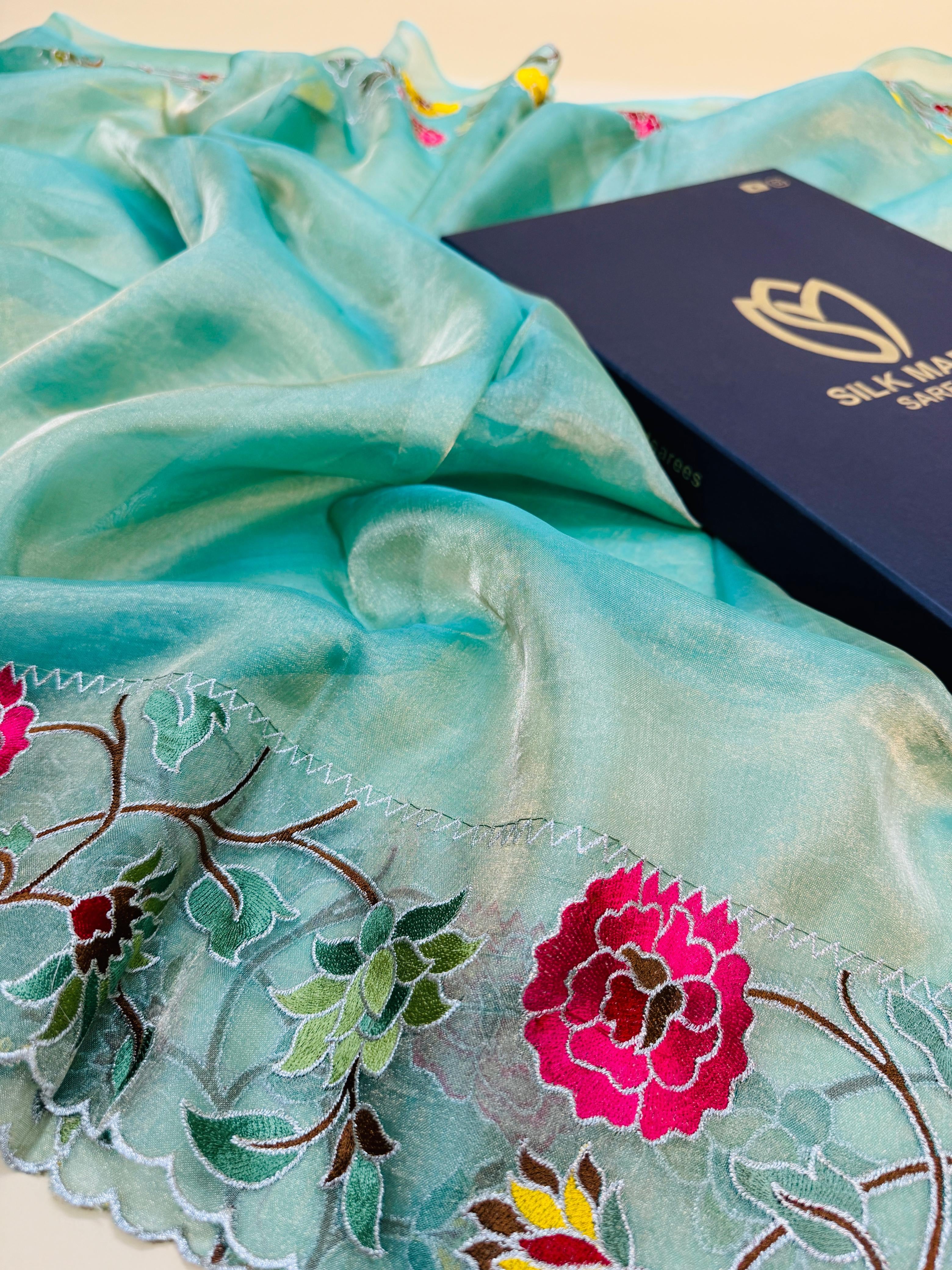 Tissue Plain Embroidery Saree