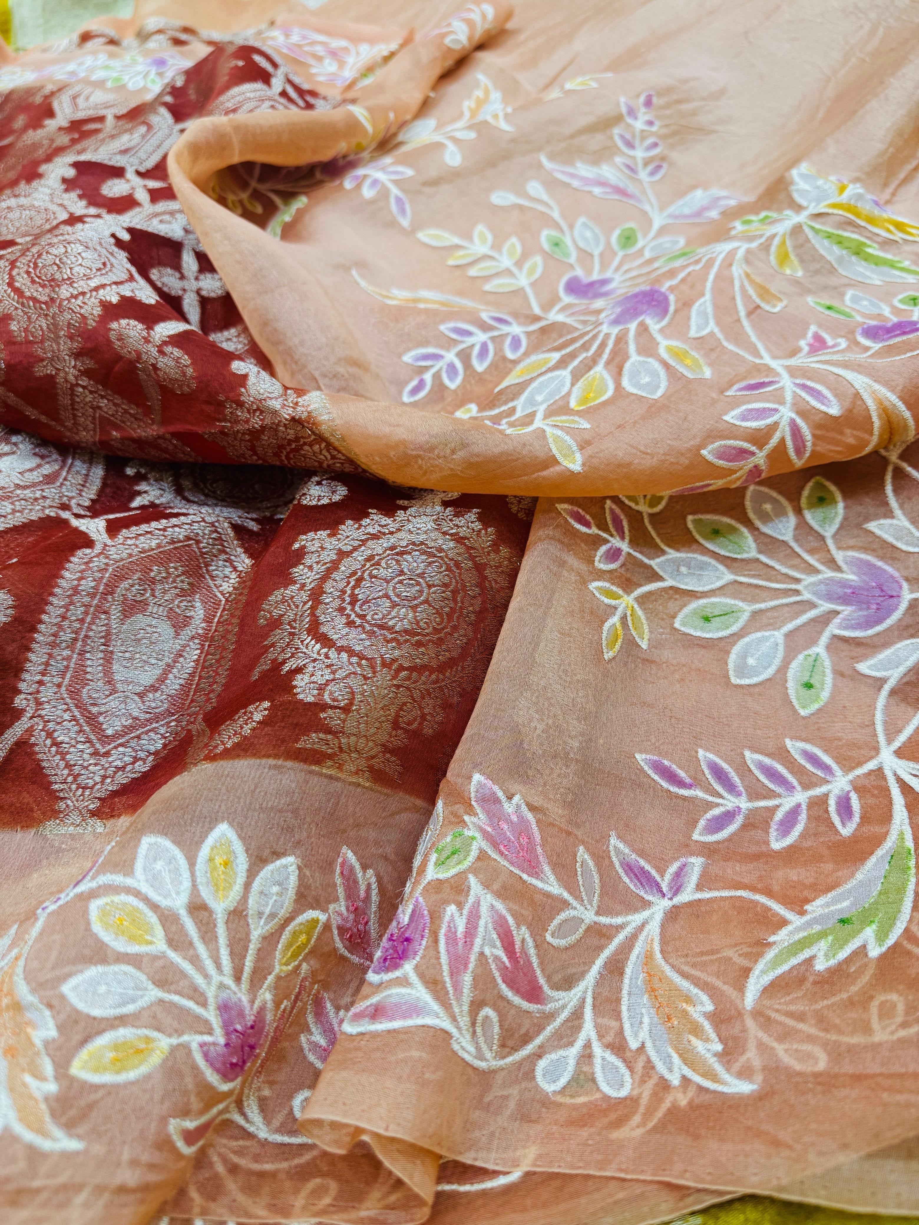 Pure Banarasi Kora Silk Embroidery Handbrush Saree