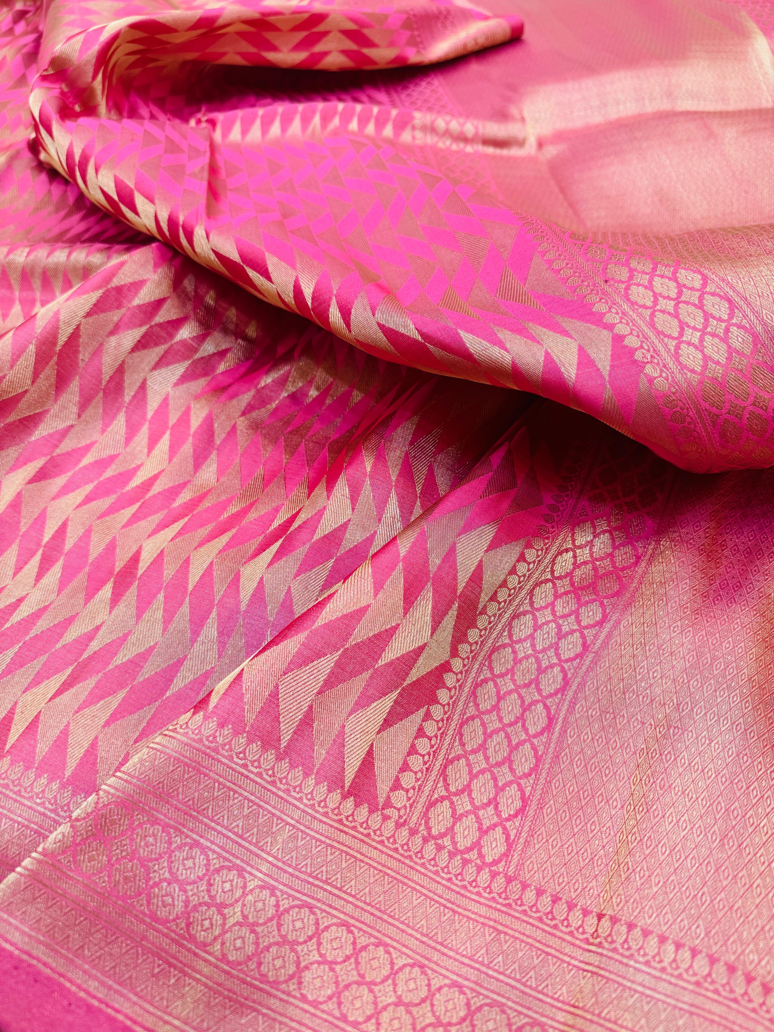 Pure Banarasi Satin Silk Silver Zari Geometric Pattern Saree