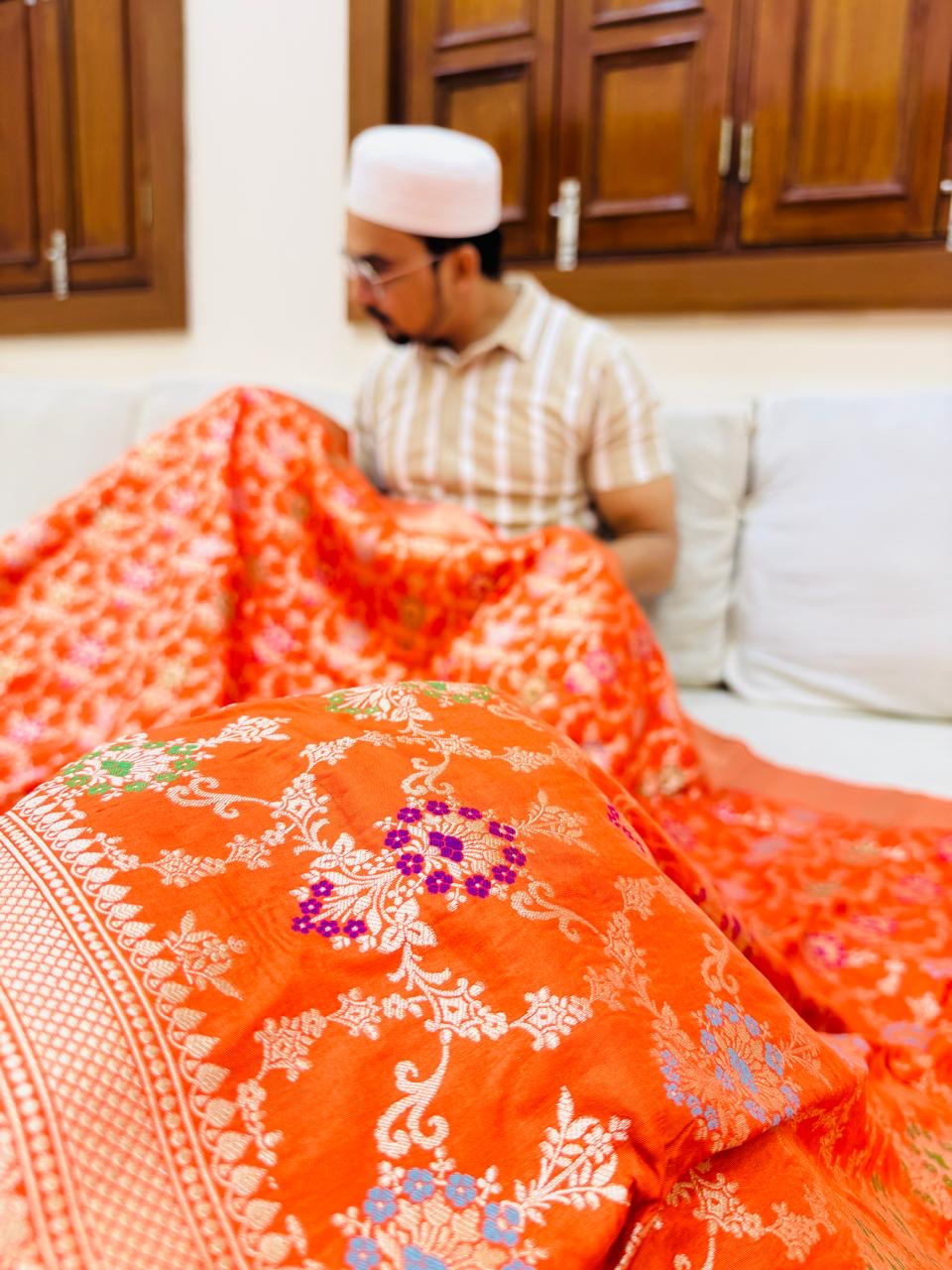 Pure Banarasi Katan Silk Mina Jaal Saree