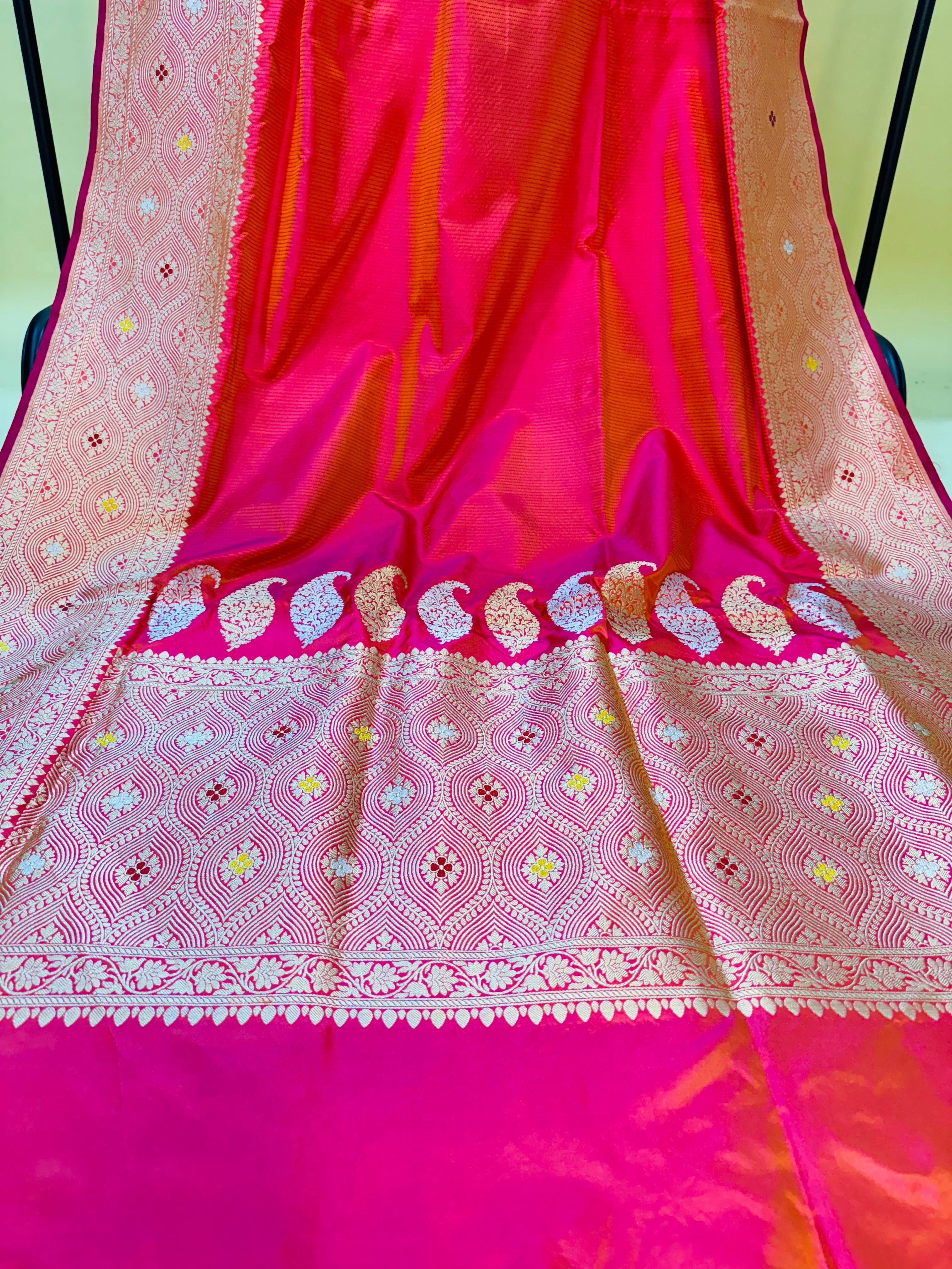 Hot Pink Katan Silk Tanchoi Skirt Mina Border Saree