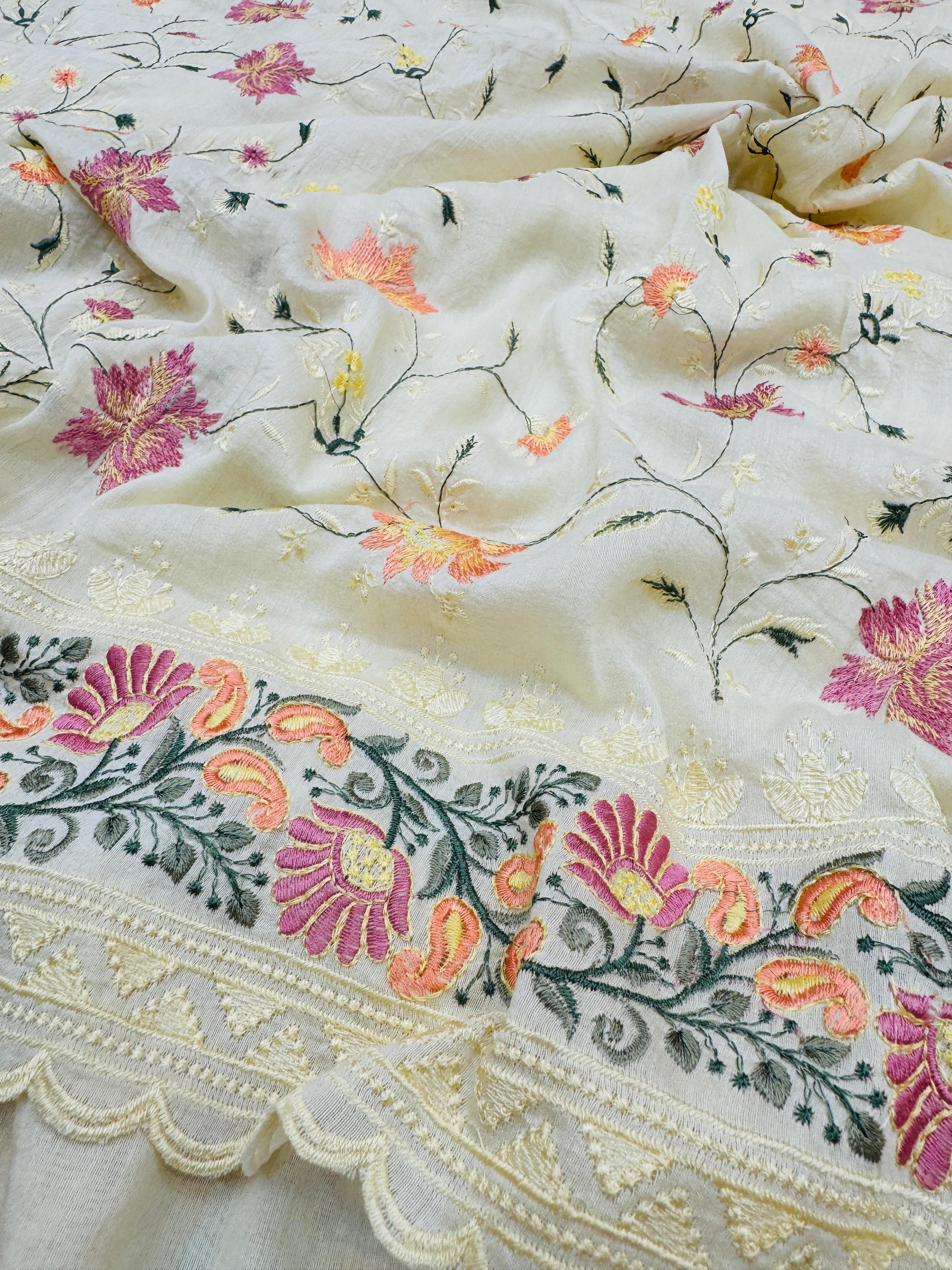 Pure Banarasi Tasar Silk Embroidery Saree