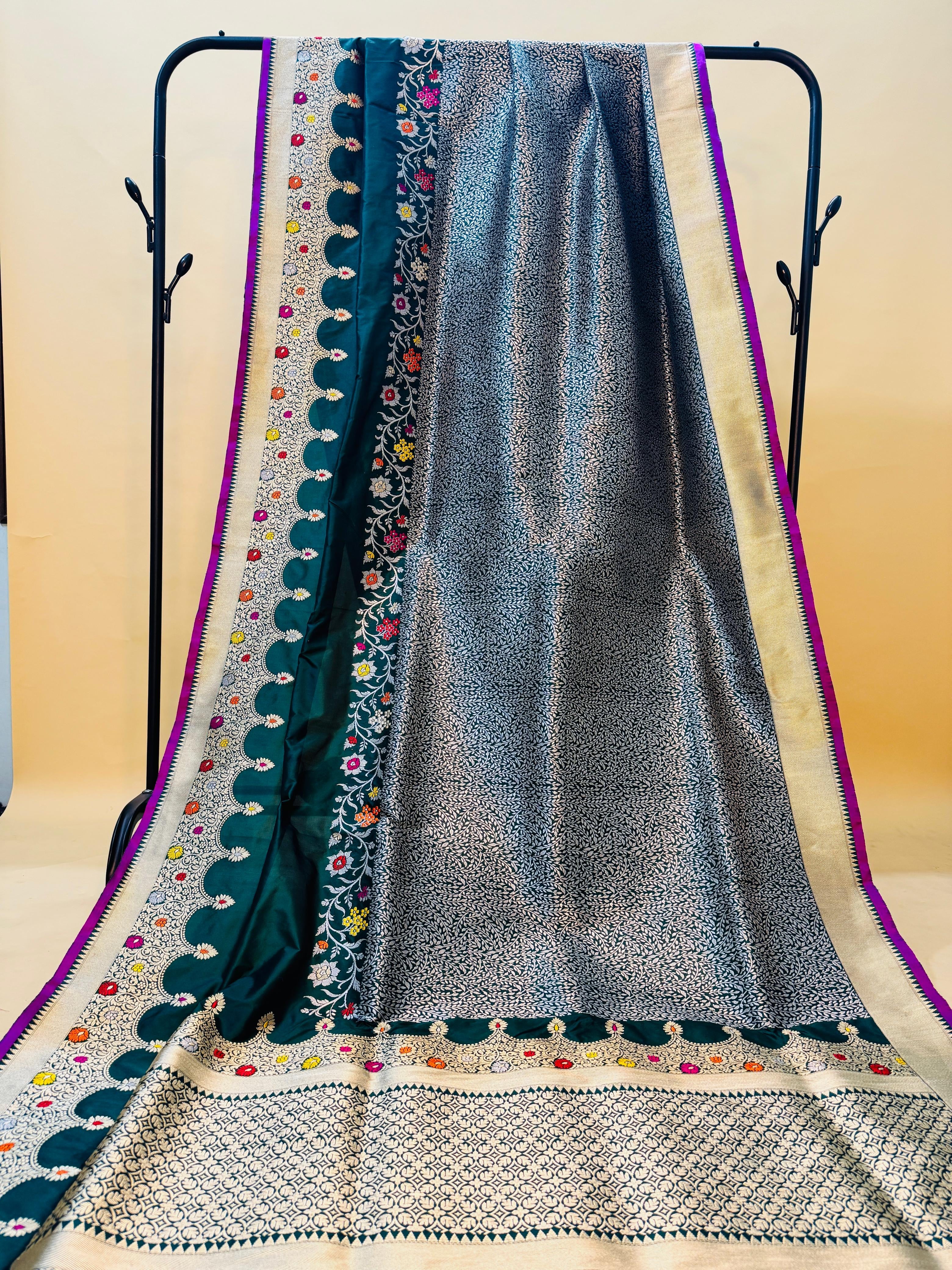 Bottle Green Katan Silk Designer Brocade With Scallop Border Saree