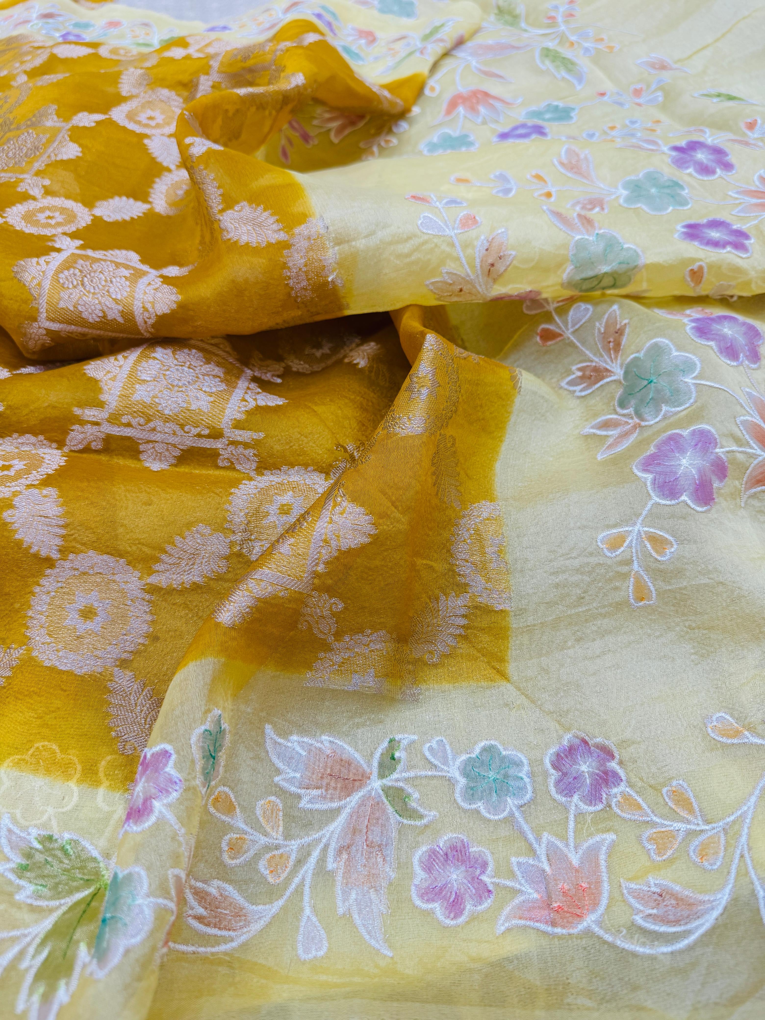 Pure Banarasi Kora Silk Embroidery Handbrush Saree