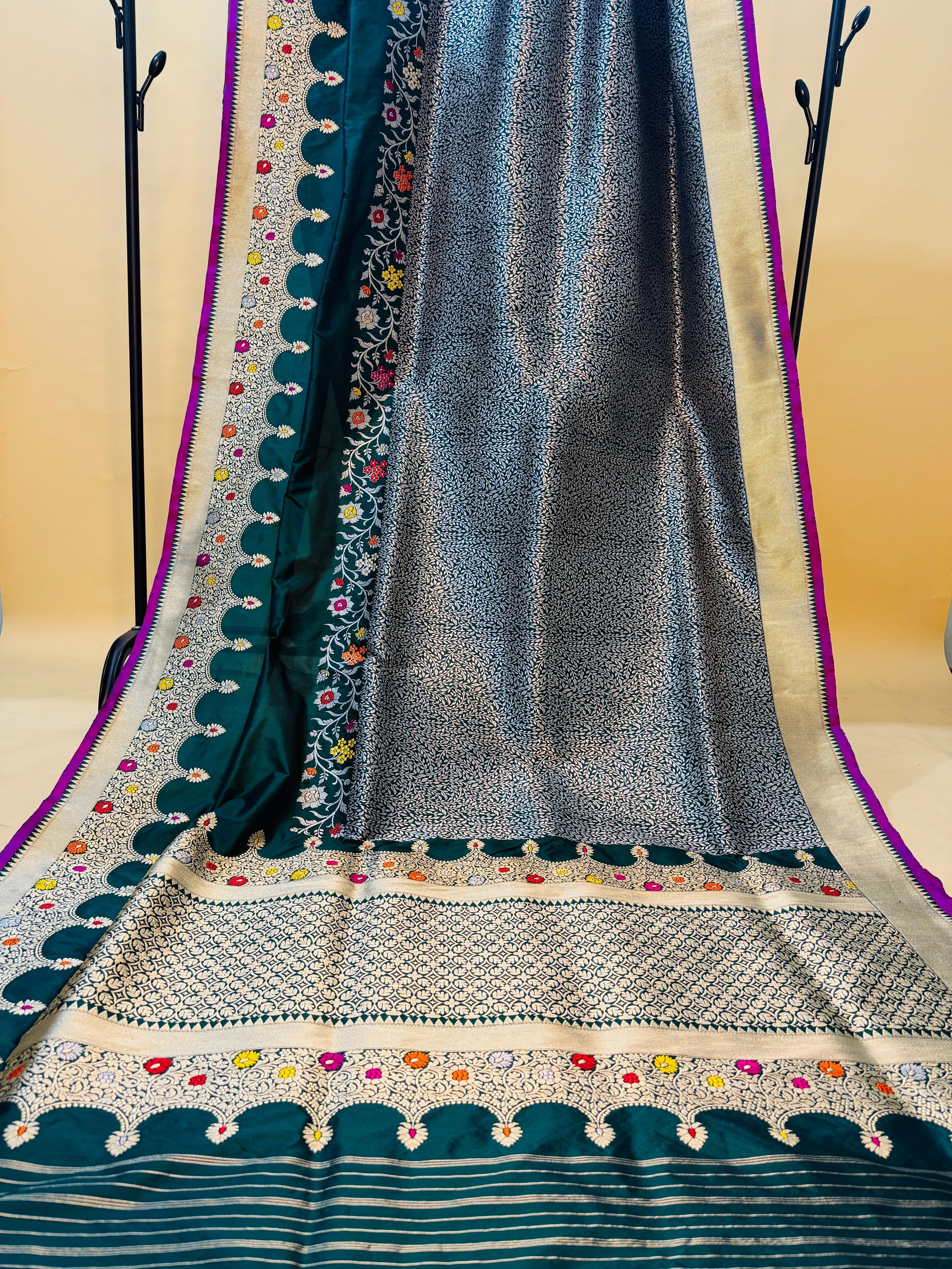 Bottle Green Katan Silk Designer Brocade With Scallop Border Saree