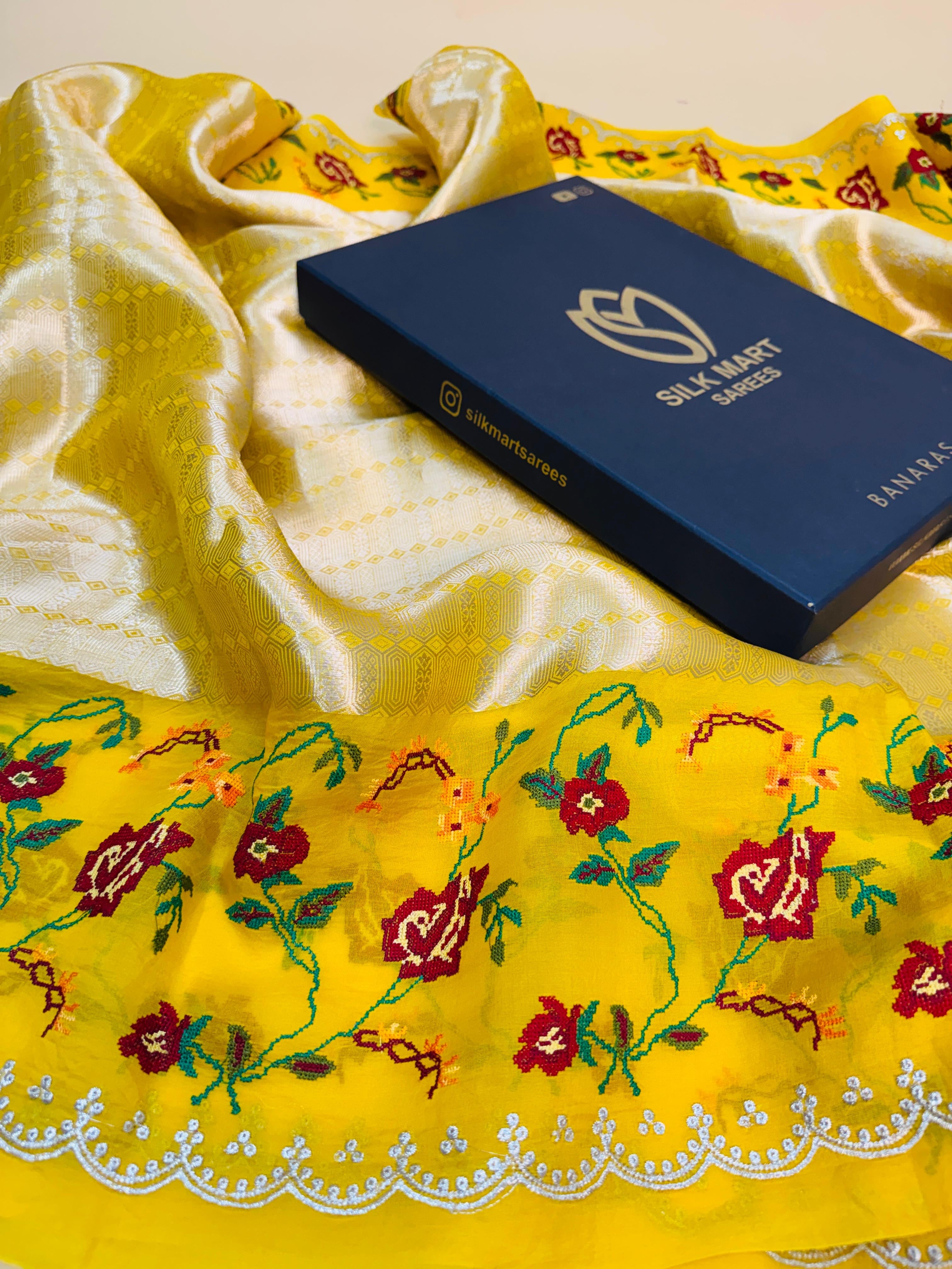 Tissue Brocade Cross Stitch Embroidery Saree