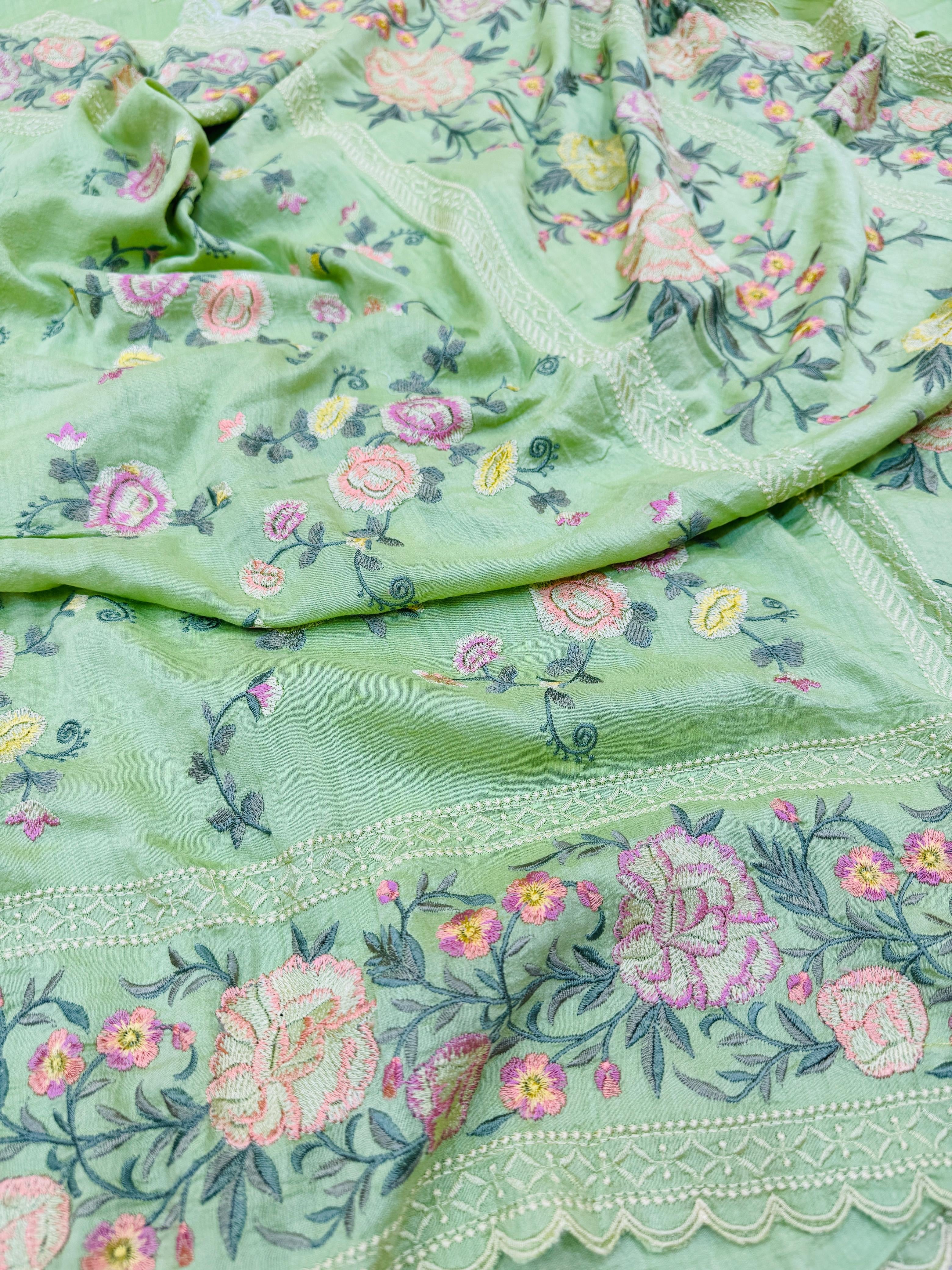 Pure Banarasi Tasar Silk Embroidery Saree